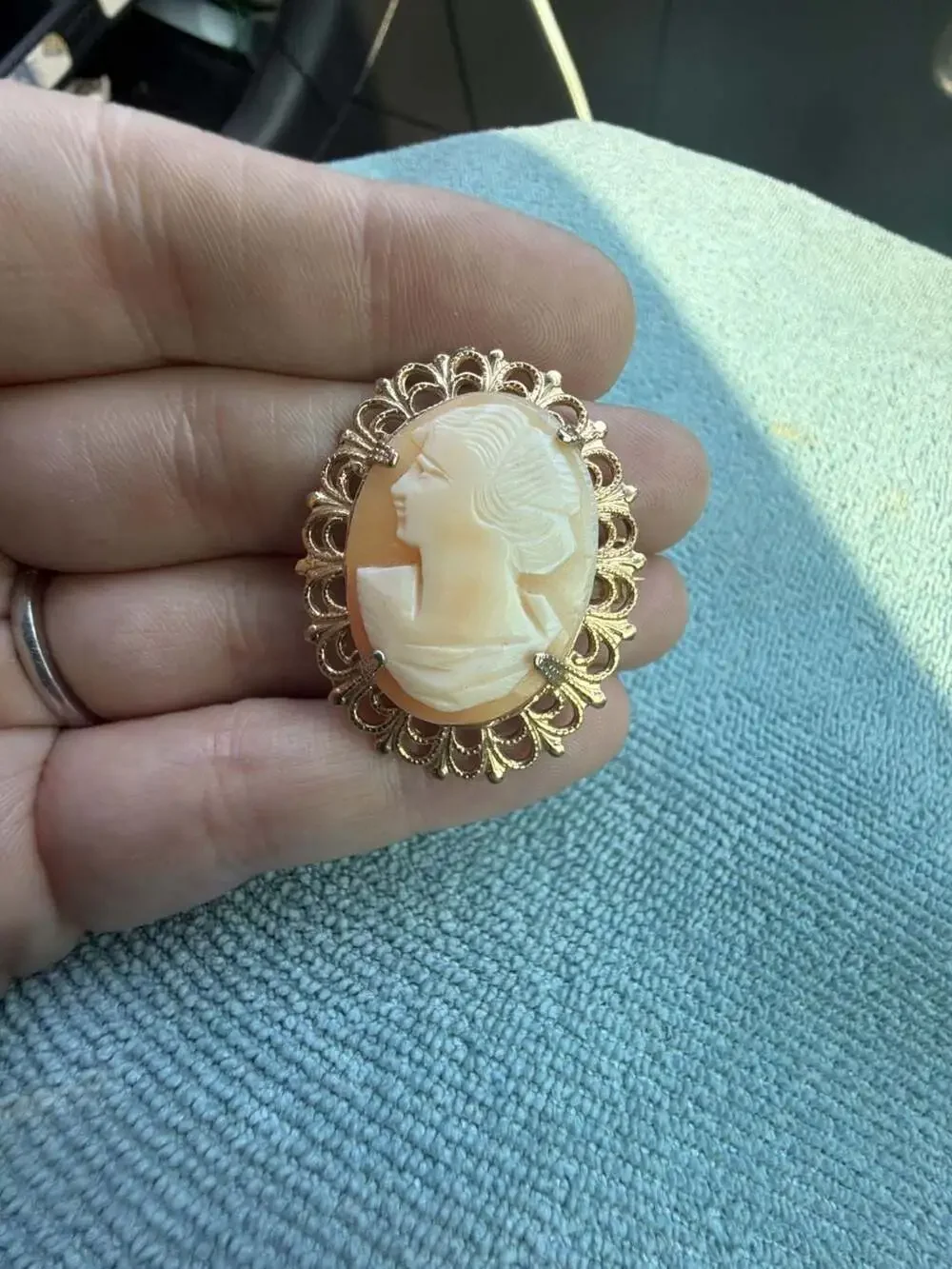 Vintage Left-Facing Carved Shell Cameo Brooch in Gold-Tone Filigree Setting